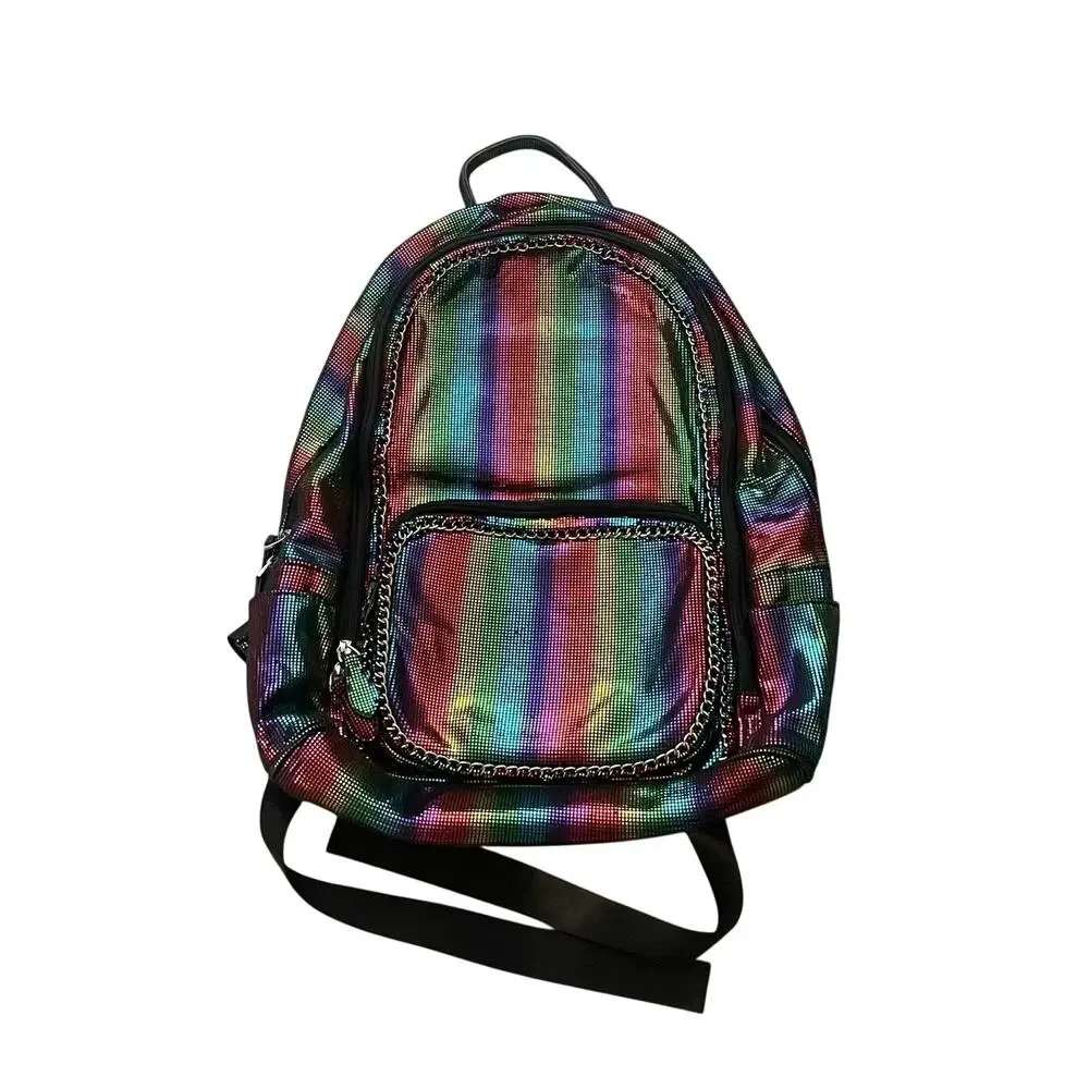 Bari Lynn Black Metallic Rainbow Chain Backpack